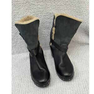 Ugg Women's Black Leather Heeled Wool Lined Boots Size 10 #69598